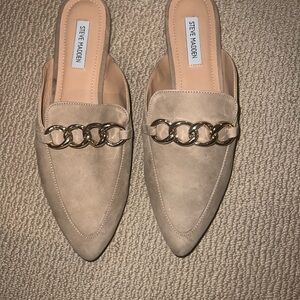 Steve Madden Beige Suede Levity Mules with Gold Accent